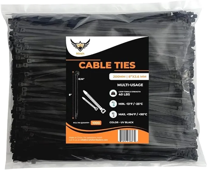 NIRAH Zip Ties 8 inch Bulk (1000 Pack) 40 lbs Heavy Duty Tie Wraps. Self-lock...