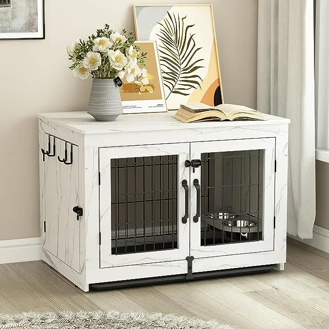 Piskyet Wooden Dog Crate Furniture with 360°Rotatable Removable Dog Bowls, Dog Crate End Table with Tray, Double Doors Dog Kennels for Dogs(XL:43.2" L*28.6" W*30.3" H, Marble White)