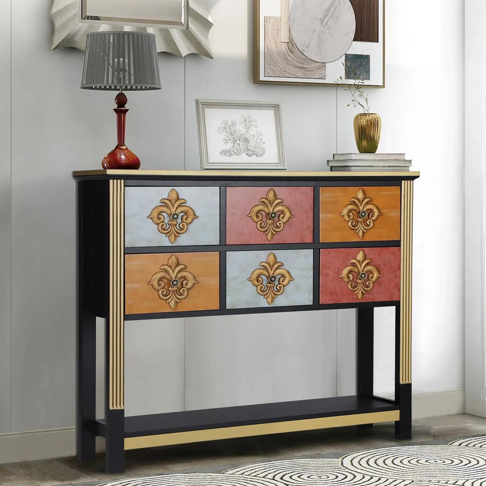 Maison Arts Console Table Sofa Table with 6 Drawers and Shelf for Living Room Entryway Hallway Multicolored