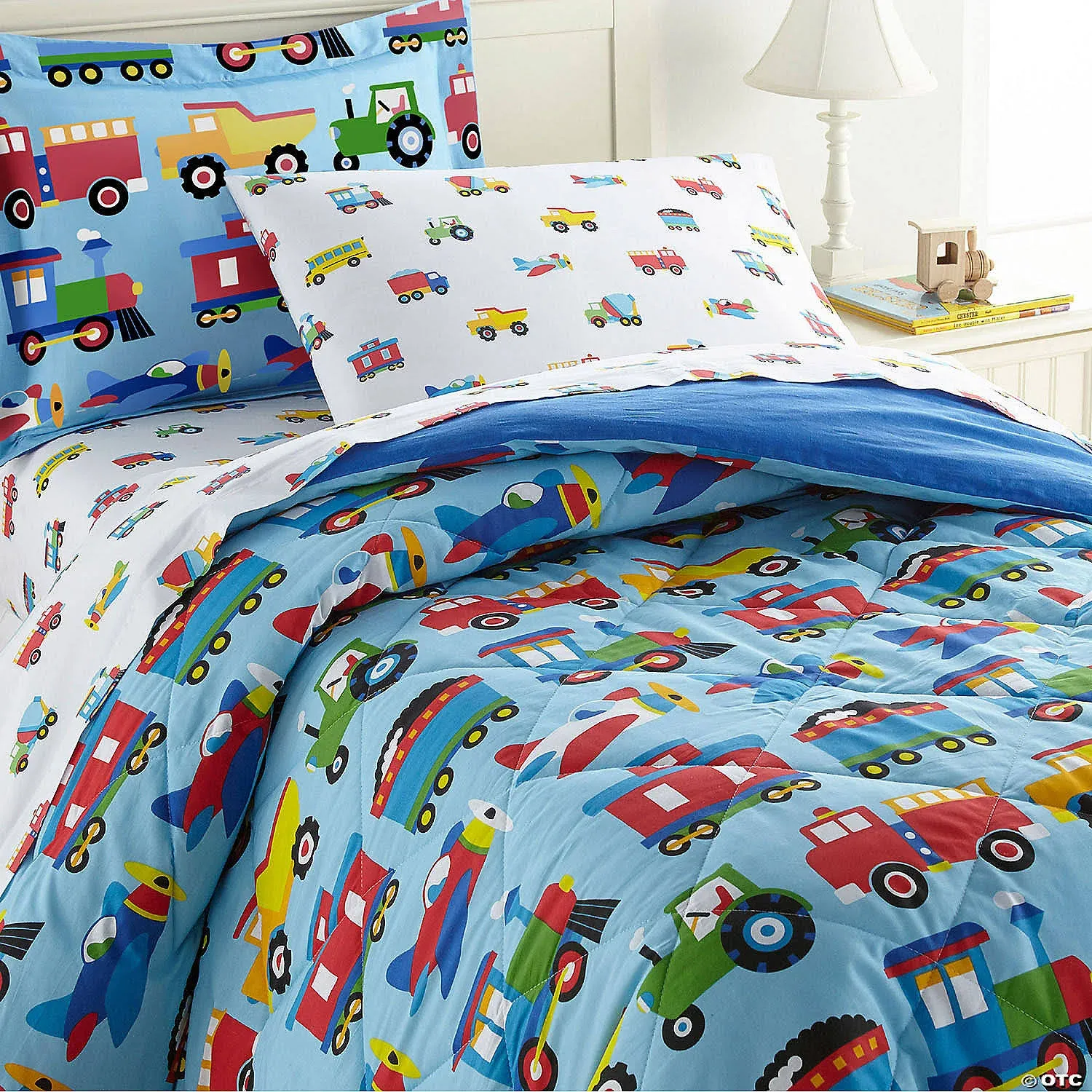 Blue Trains Planes Trucks Cotton Comforter Set Toddler Twin Full/Queen Boys Bedding