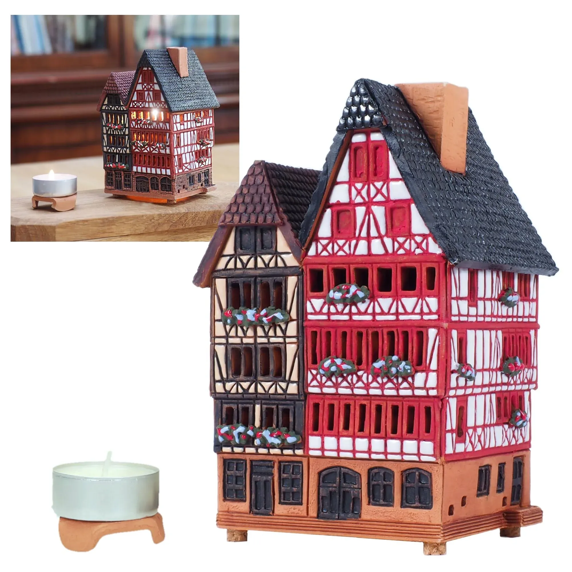 Midene Ceramic house Tea light Candle Holder Home decor Handmade Clay miniature house of the historic house on Römer Square Frankfurt S5-5