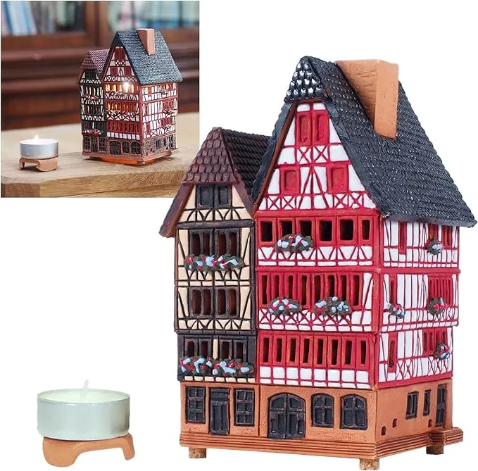 Midene Ceramic house Tea light Candle Holder Home decor Handmade Clay miniature house of the historic house on Römer Square Frankfurt S5-5