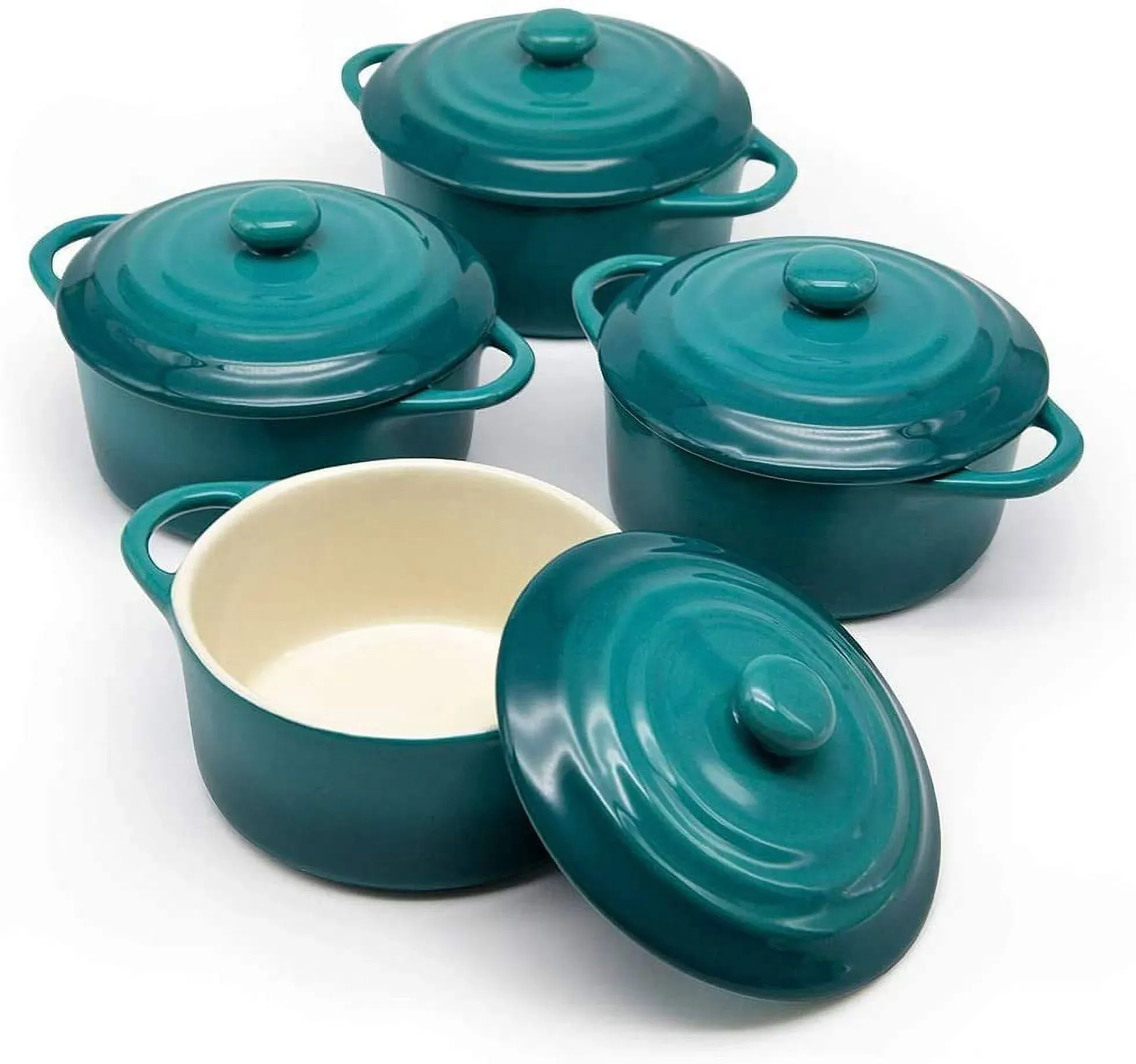 Kook Mini Cocotte Casserole Dishes with Lids, 12 oz, Set of 4, Aqua Ombre, Lagoon Blue