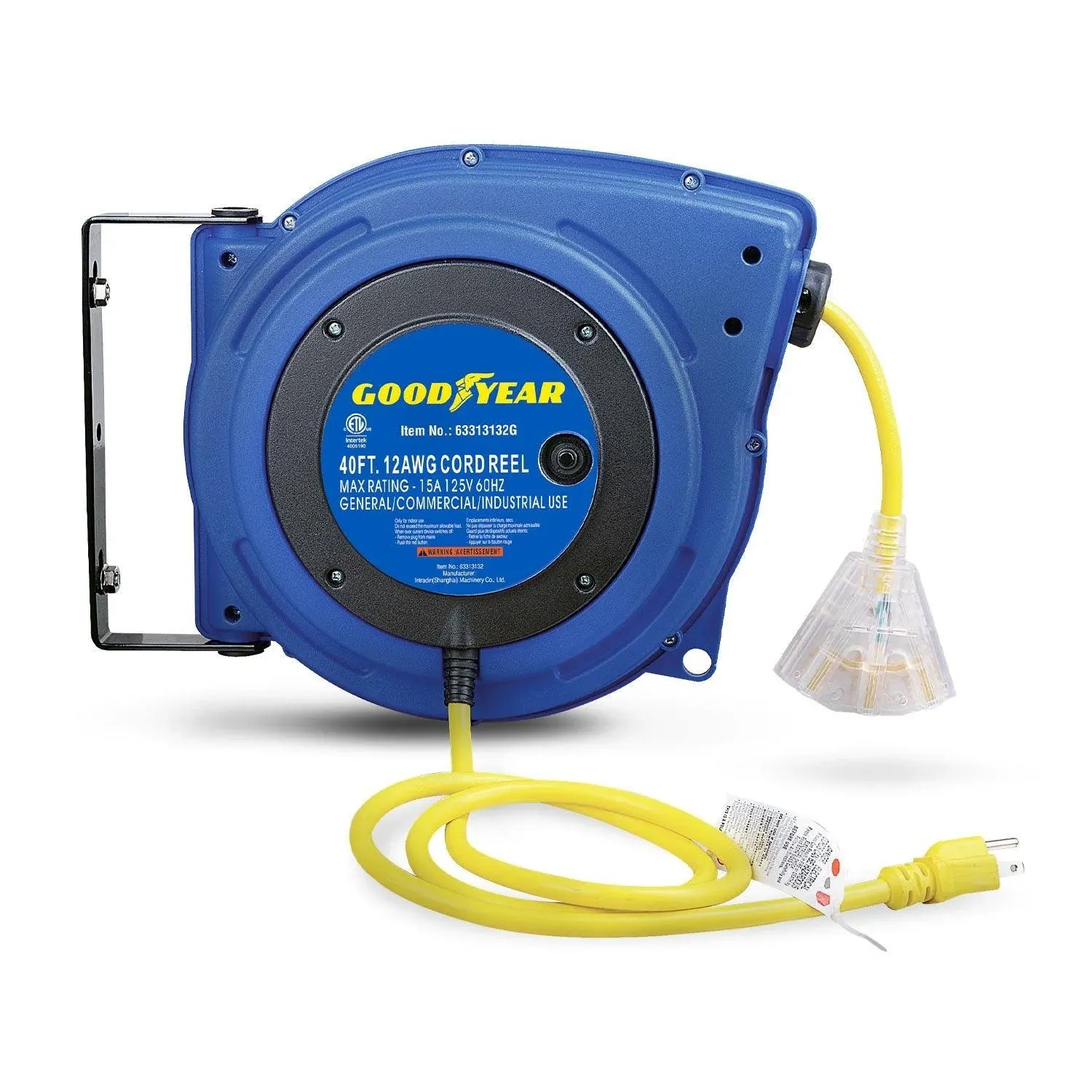 Goodyear Retractable 40 FT (SJTOW Cable) w/LED Light-Up Tap Extension Cord Reel