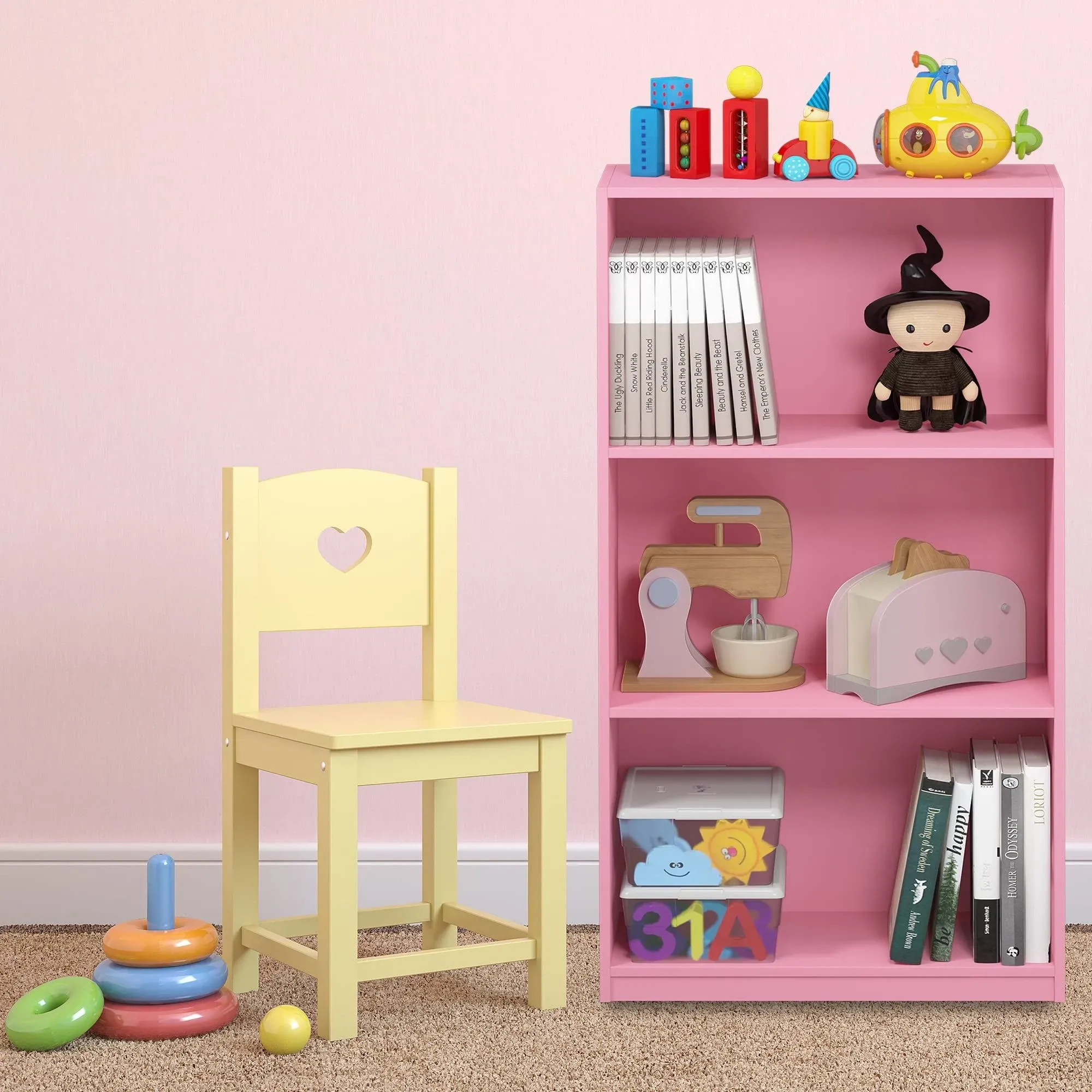 Furinno 99736PI Basic 3-Tier Bookcase Storage Shelves - Pink