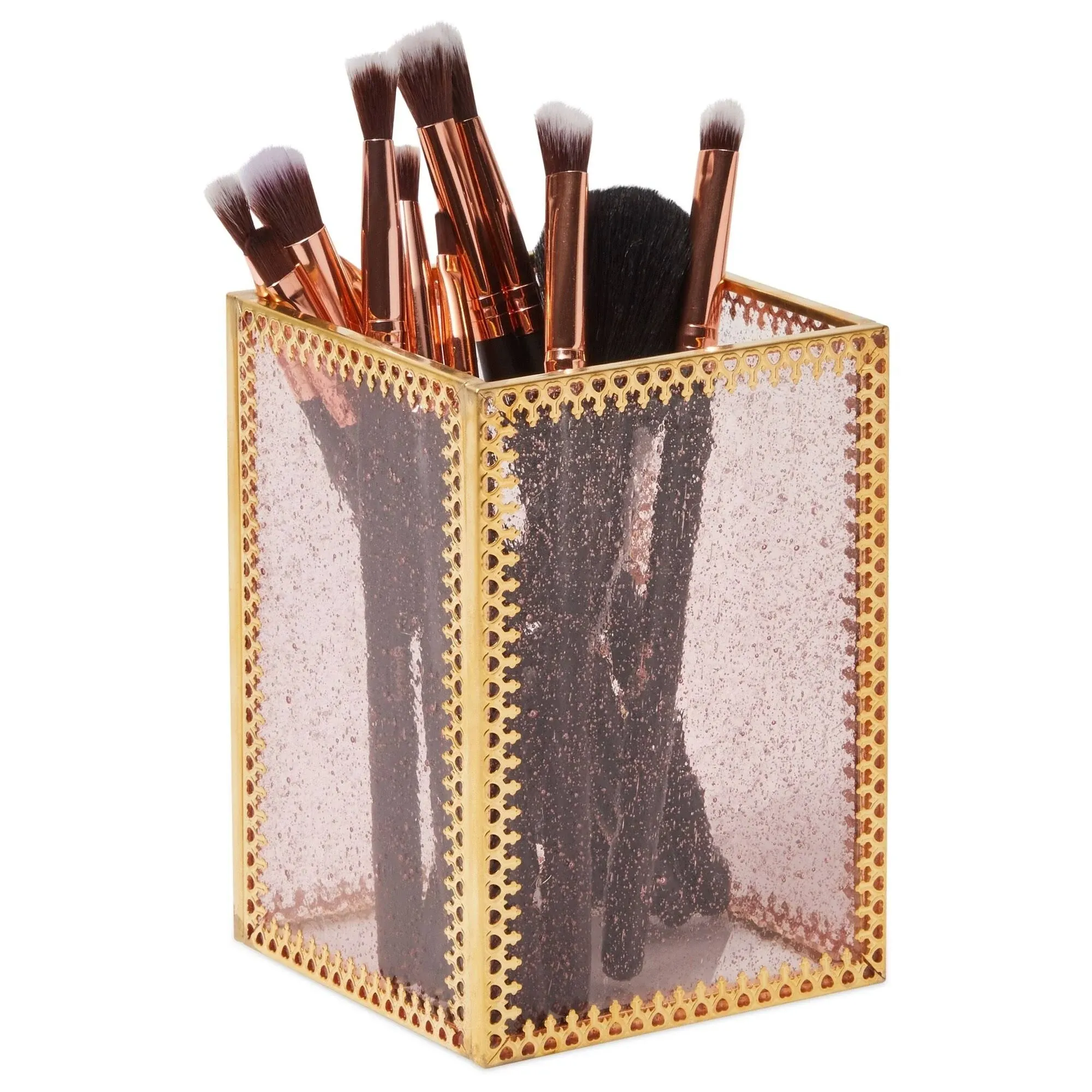 Glamlily Gold Makeup Brush Holder for Vanity, Vintage Brass Frame and Pink Glass ...