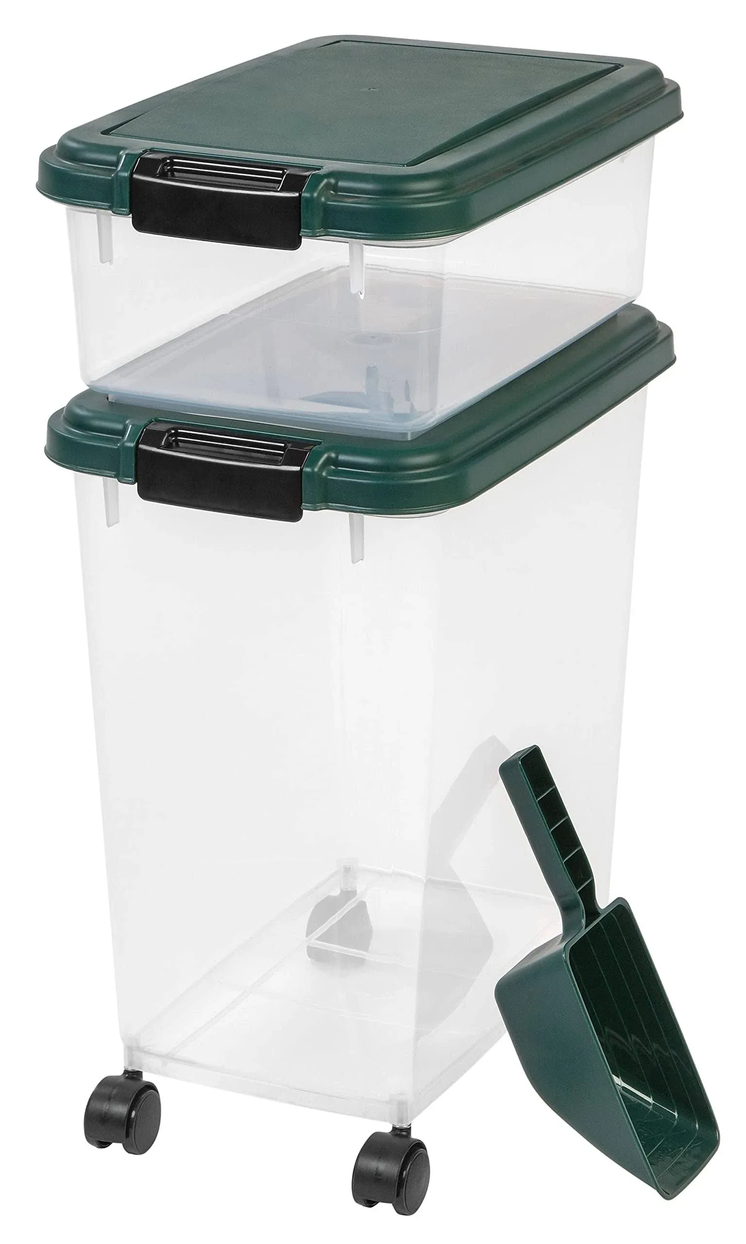 Remington 2 Piece Clear Plastic Food Storage Container | 30 lbs, 11 lbs | Airtight, Stackable, Wheels | Food Storage, Treat Box | 2-Cup Scoop