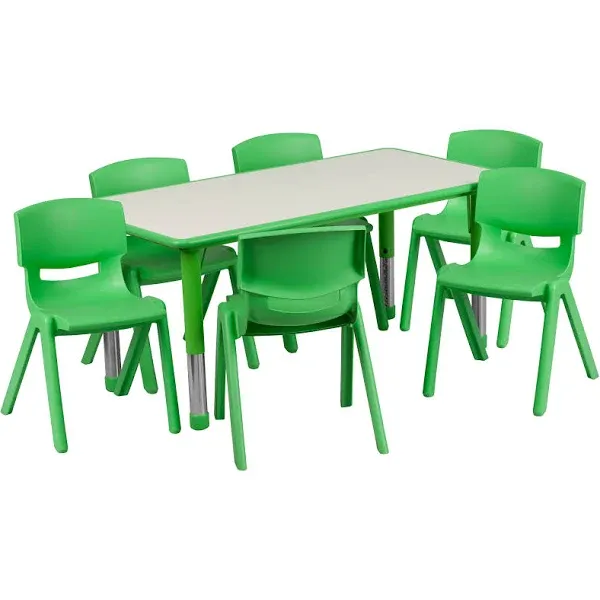 Flash Furniture Adjustable Rectangular Green Plastic Activity Table Set with 6 School Stack Chairs