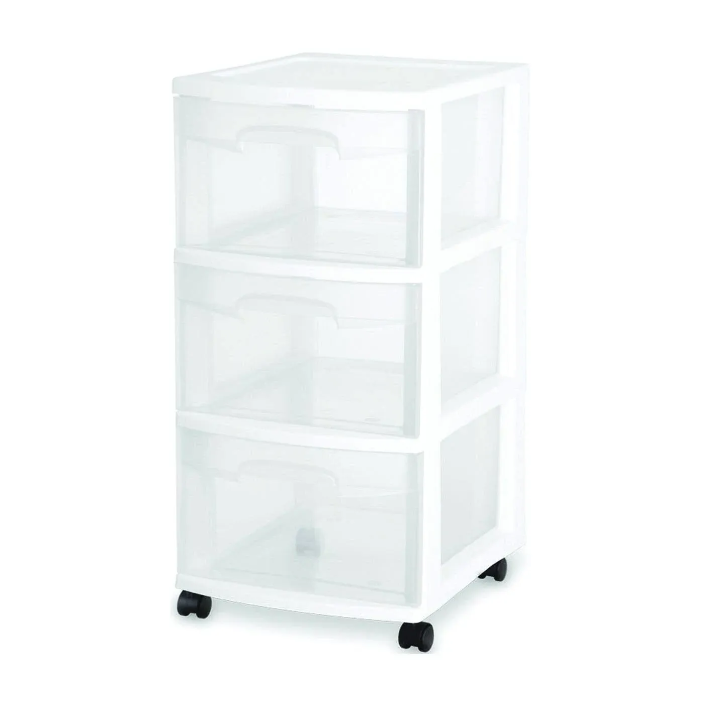 Sterilite 28308001K 3-Drawer Rolling Caster Wheel Home Organizer Storage Cart with Durable Plastic Frame, Clear Drawers, White