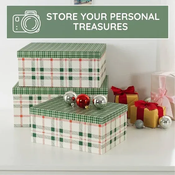 Soul & Lane Plaid Christmas Gift Box - Set of 3: Holiday Decor Storage Box, Decorative Photo Storage, Keepsake Boxes with Lids, Nesting Cardboard Containers for Presents, Seasonal Décor Bins