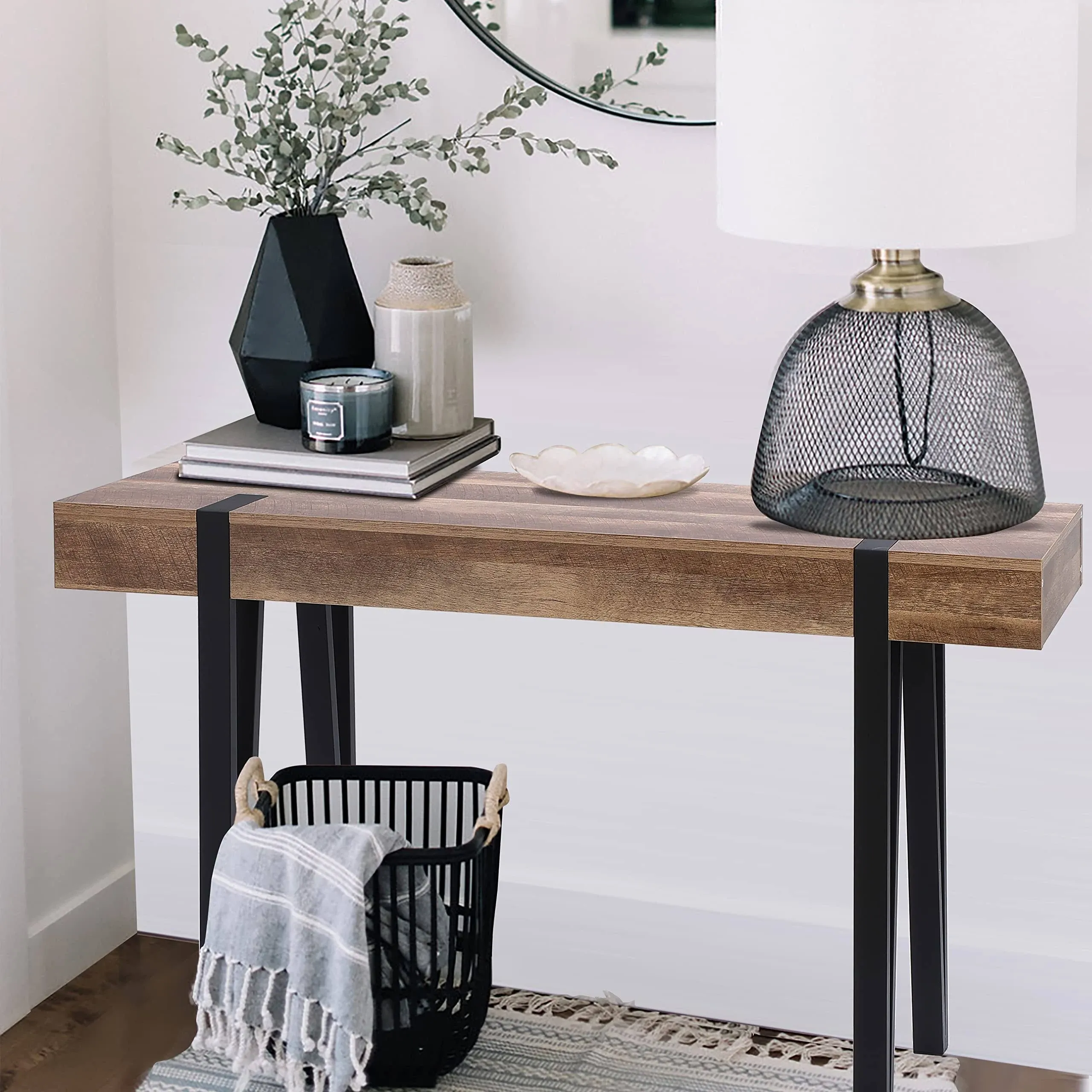 LuxenHome Oak Finish MDF Wood Black Metal Console Entry Table