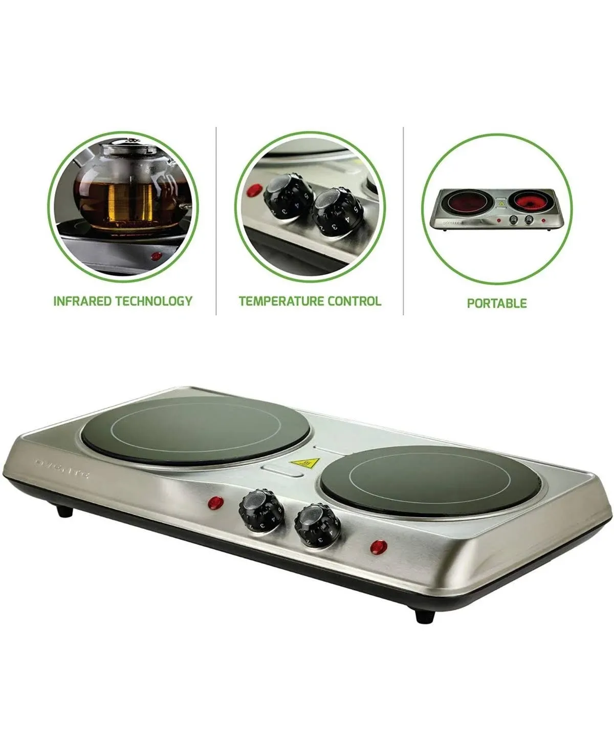 Ovente Countertop Infrared Double Burner, 1700W Electric Hot Plate and Portable Stove with 7.75" and 6.75" Ceramic Glass Cooktop