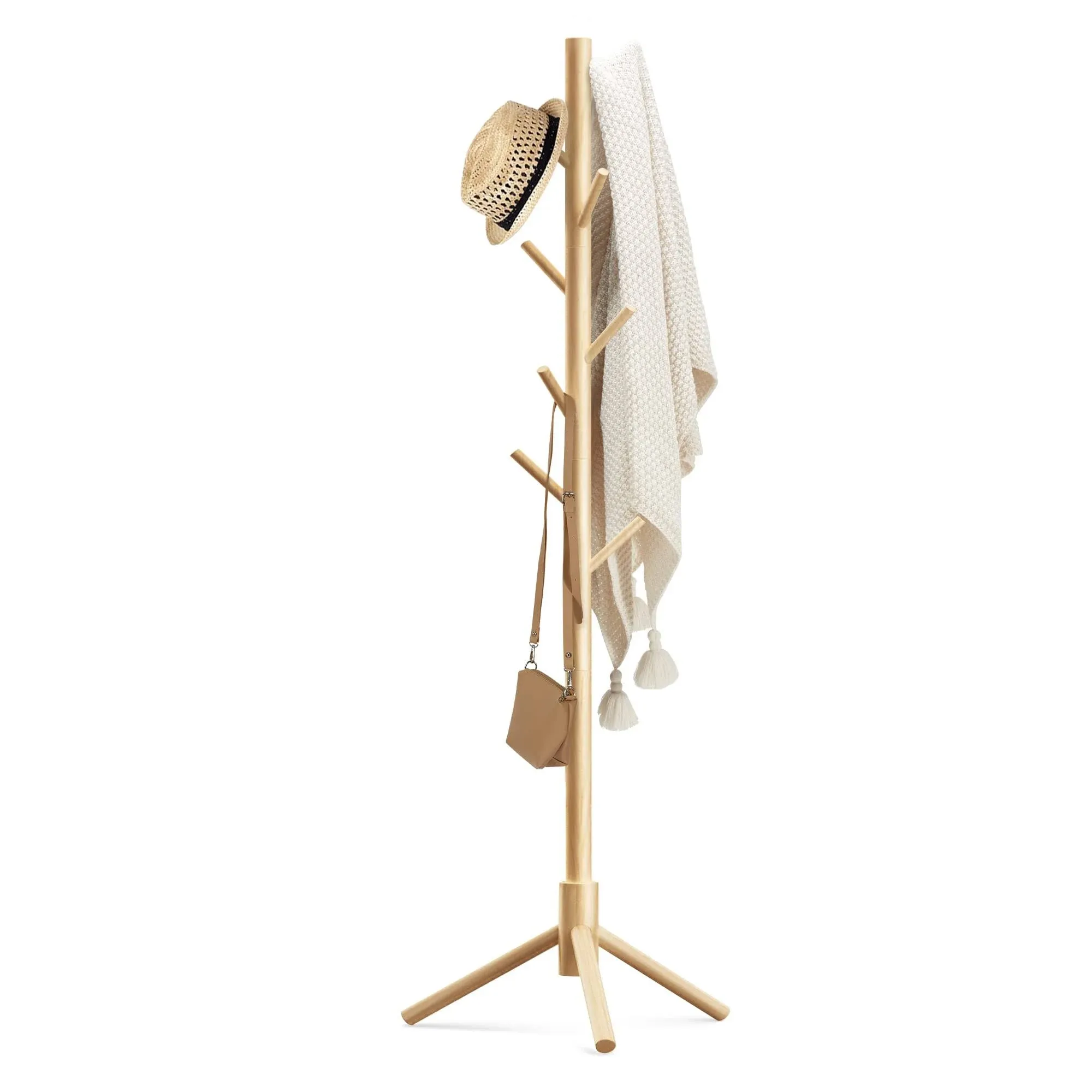 Haddockway Wooden Coat Rack Stand with 8 Hooks New Zealand Pine Adjustable Coat ...