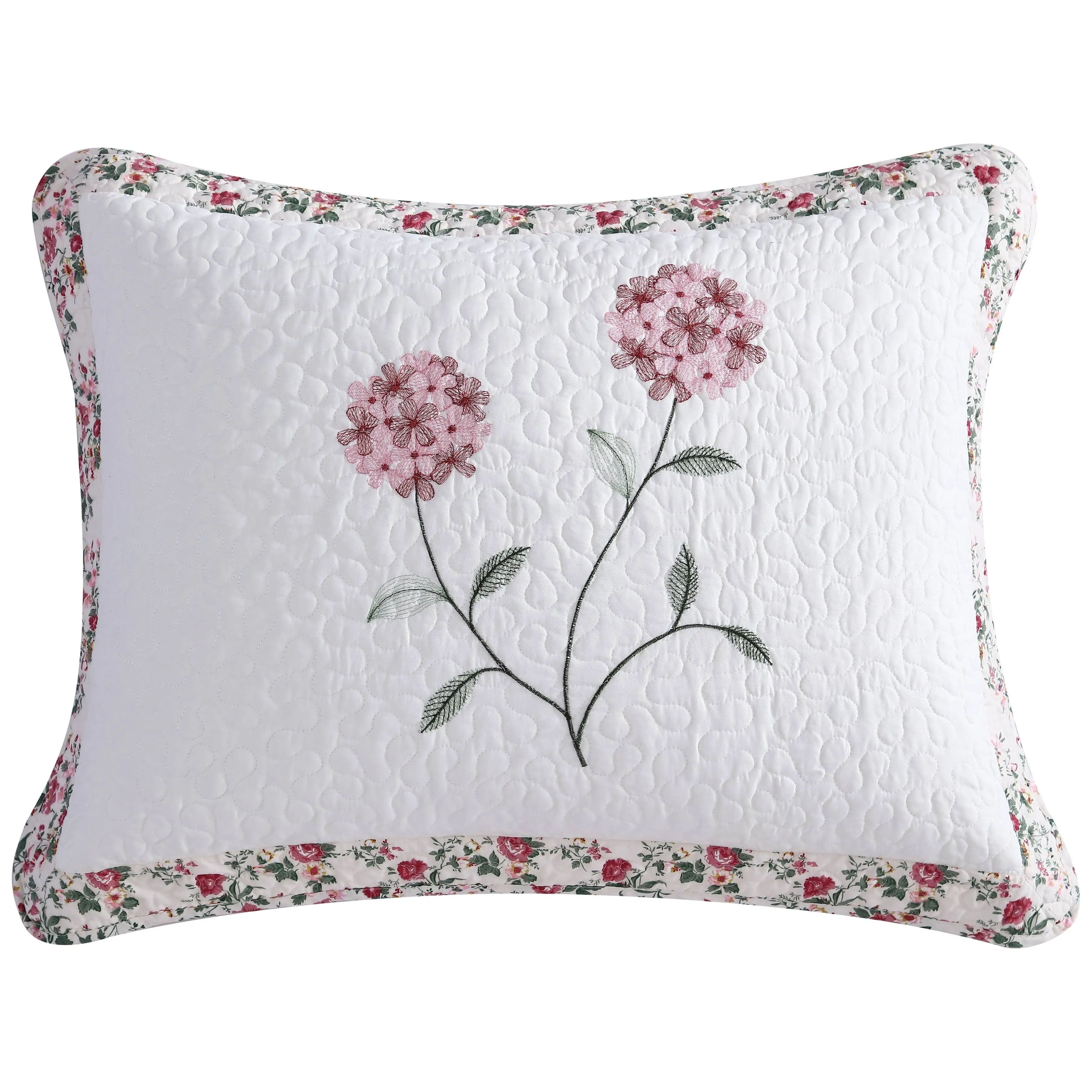 Beatrice Home Fashions Carnation Floral Embroidered Quilted Pillow Sham, Lightweight, All-Seasons, Standard Sham, Blue 20" x 26"