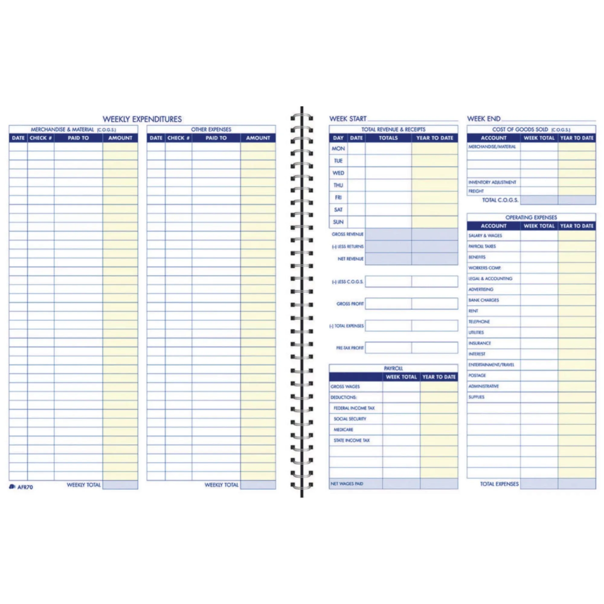 TOPS Bookkeeping Record 8 Columns 8.5&#034; x 11&#034; Blue 64 Sheets/Book (AFR70)