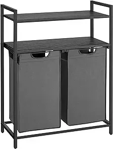 VASAGLE 2 Section Laundry Sorter Laundry Hamper with 2 Pull-Out and Removable Bags Shelf Double Laundry Room Organizer Rustic Brown and Black