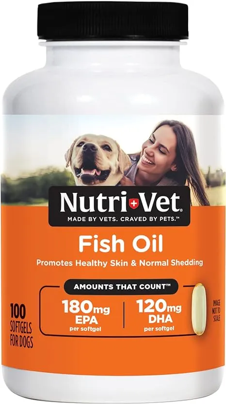 Nutri-Vet Fish Oil Supplements for Dogs - Skin and Coat Omega-3 Supplement - Dog Dry Skin & Dog Shedding Support - Soothe Dog Dandruff & Itchy Skin - Promoting Shiny Coat - 100 Count Softgels