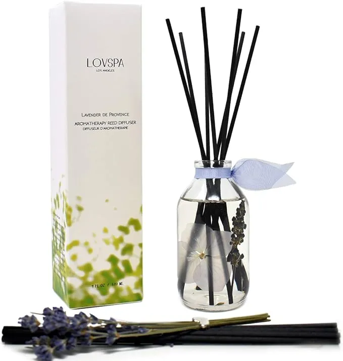 LOVSPA Lavender De Provence Essential Oil Reed Diffuser and Sticks Set - Calming Aromatherapy for Stress Relief and Relaxation - Real Lavender Stems and Hydrangea Flowers - Handmade in The USA