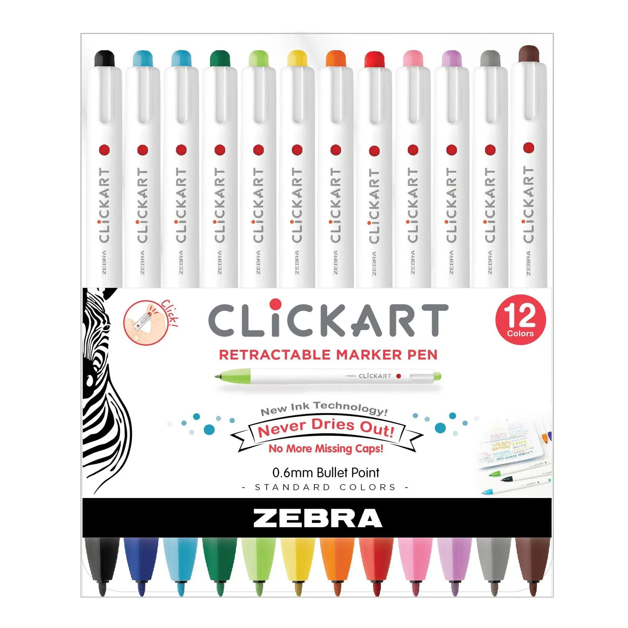 Zebra Clickart Porous Point Pen, Retractable, Fine 0.6 mm, Assorted Ink Colors, White Barrel, 12/Pack