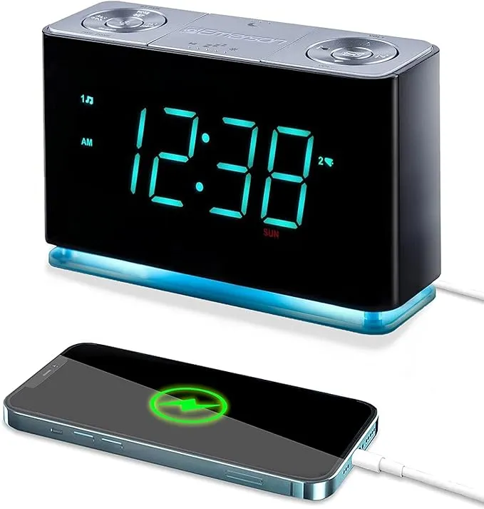 Emerson Smartset Alarm Clock Radio with Bluetooth Speaker with USB Port for iPhone/iPad/iPod/Android and Tablets, 1.4" Cyan LED Display and Night Light, ER100301