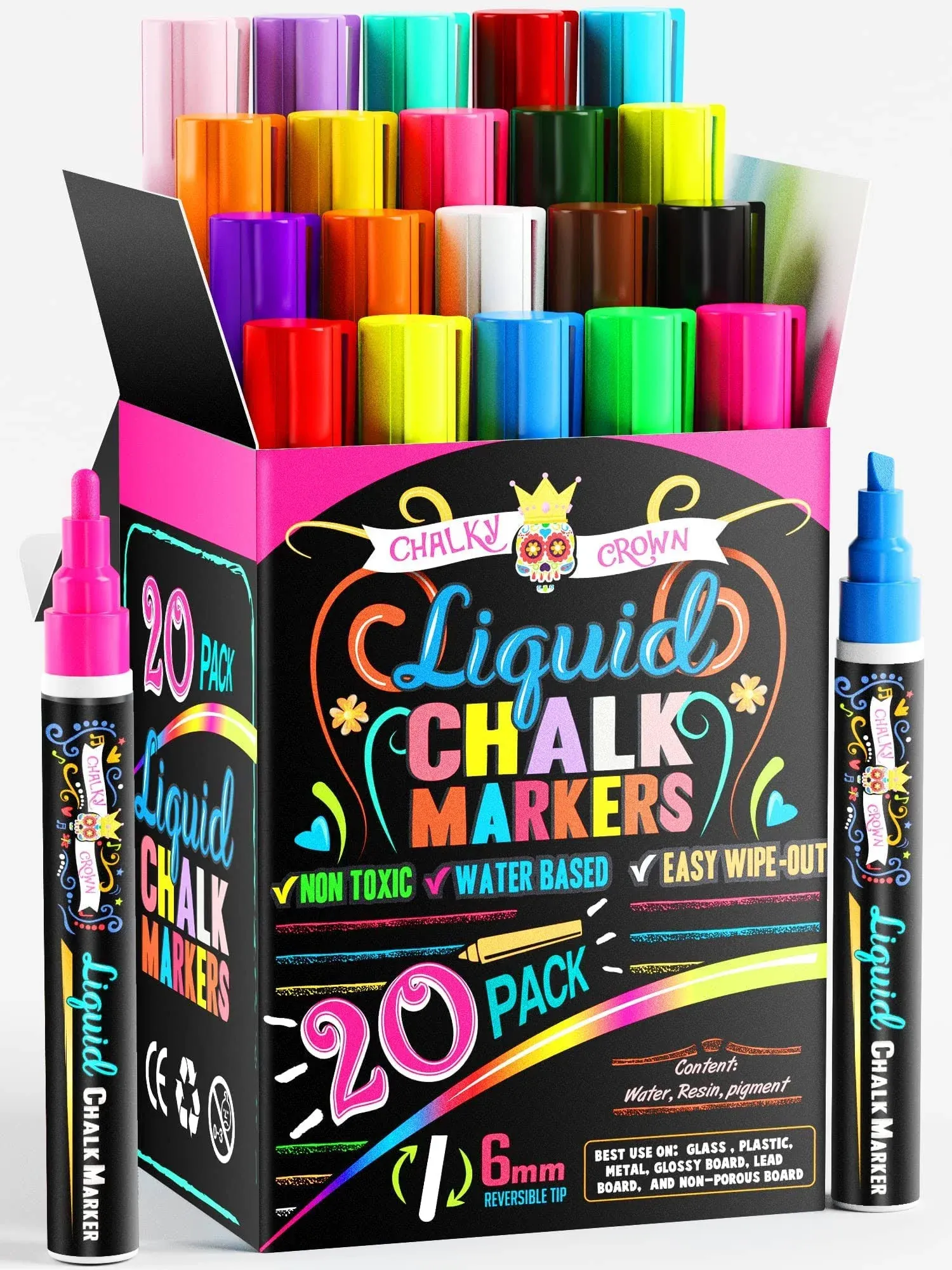 Bold Chalk Markers - Dry Erase Marker Pens - Liquid Chalk Markers for Chalkboards, Signs, Windows, Blackboard, Glass - Reversible Tip (20 Pack) - 24 Chalkboard Labels Included (Multicolored, 6mm)