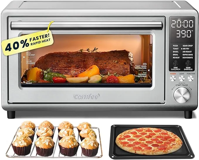 COMFEE' Toaster Oven Air Fryer Flashwave Ultra-Rapid Heat Technology, Convection Toaster Oven Countertop with Bake Broil Roast, 6 Slices Fits 12’’