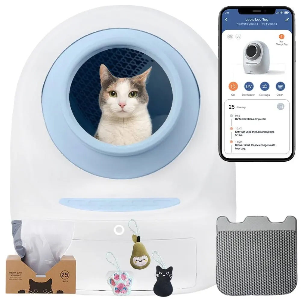 Casa Leo Leo's Loo Too Covered Self-Cleaning Automatic Litter Box Bundle, Blue