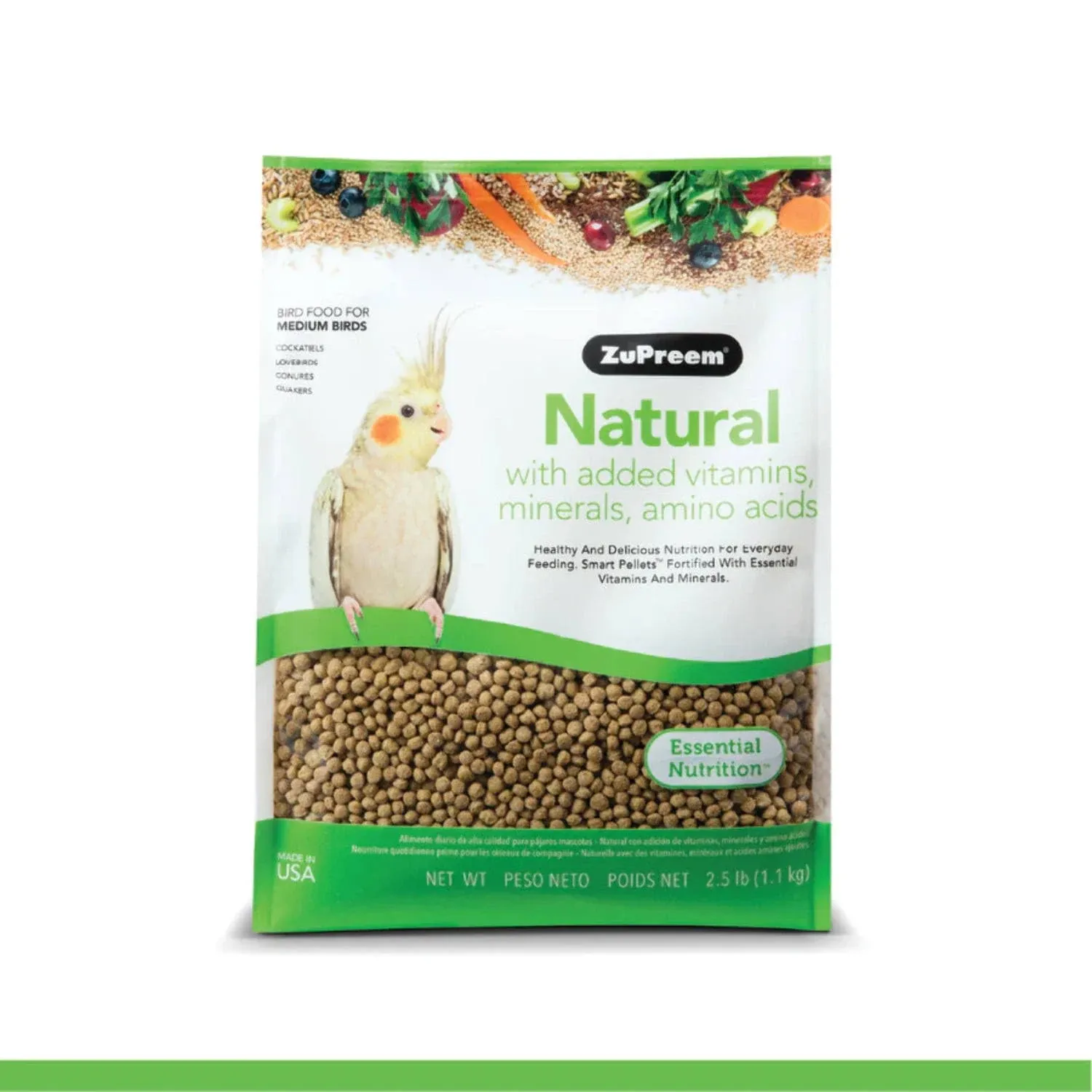 ZuPreem Natural Bird Pellets, Daily Bird Food for Cockatiel, Lovebird, Quaker, Small Conure, Lorikeet, Core Nutrition for Medium Birds, Added Vitamins, Cockatiel Pellets (M, 10 lb)