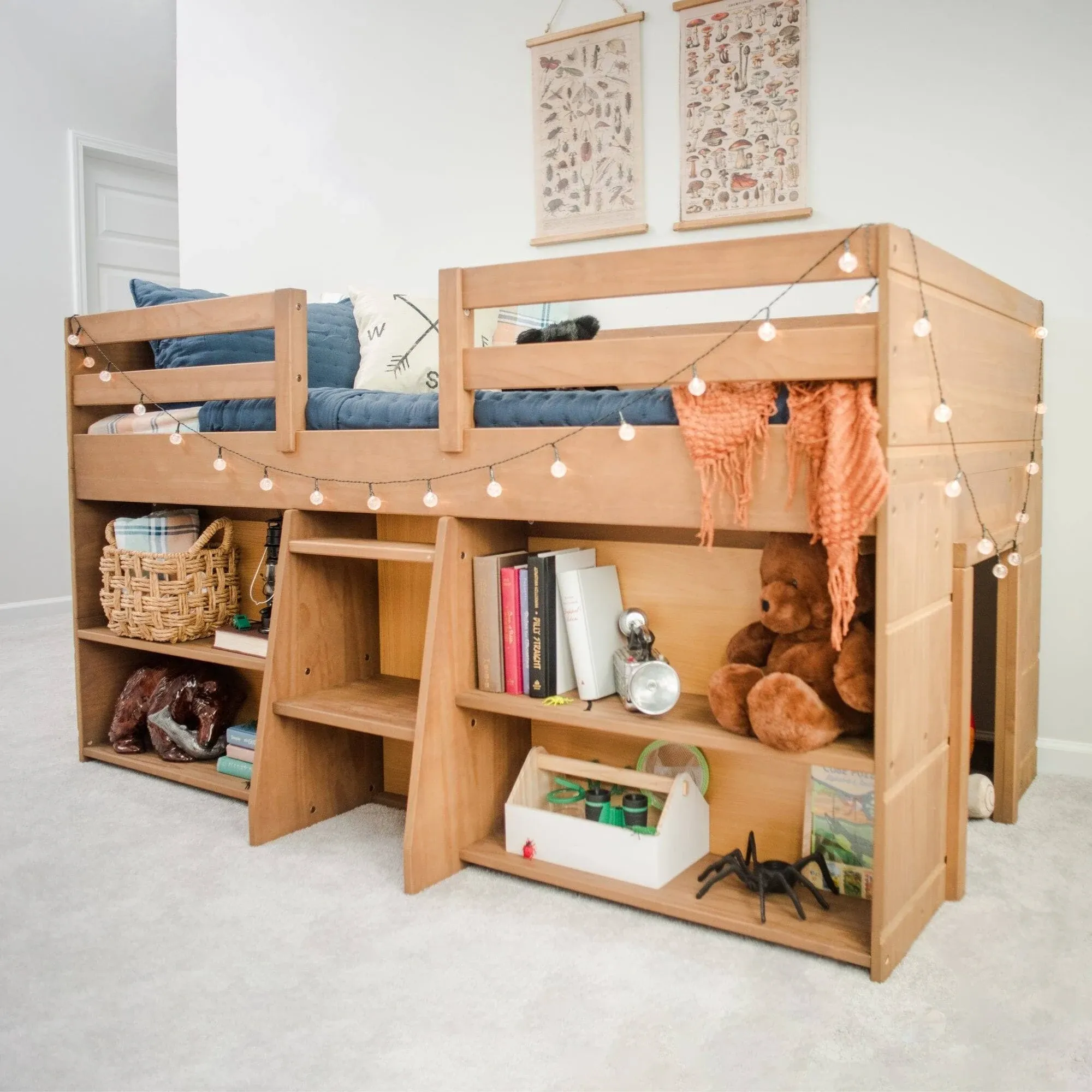 Max & Lily Modern Farmhouse Low Loft Bed, Twin Bed Frame for Kids with 2 Bookcases