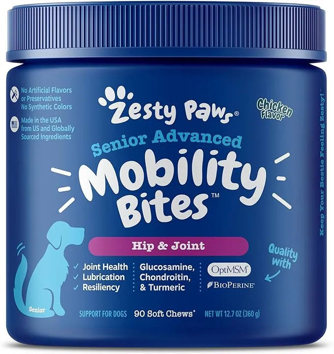 Zesty Paws Mobility Bites Dog Joint Supplement - Hip and Joint Chews for Dogs - Pet Product with Glucosamine, Chondroitin, & MSM + Vitamins C and E for Dog Joint Relief – Advanced - Chicken – 90 Count 