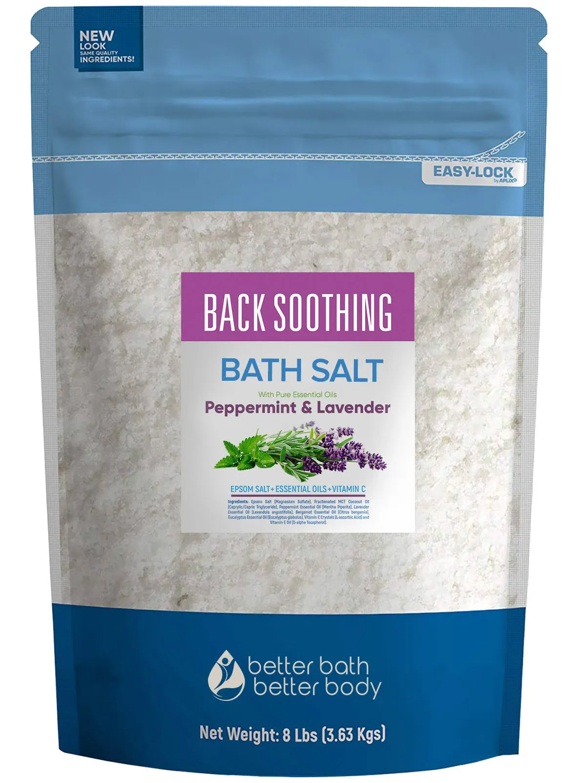 Back Soothing Bath Salt 32 Ounces Epsom Salt with Natural Bergamot, Lavender, Eucalyptus and Peppermint Essential Oils Plus Vitamin C in BPA Free Pouch with Easy Press-Lock Seal