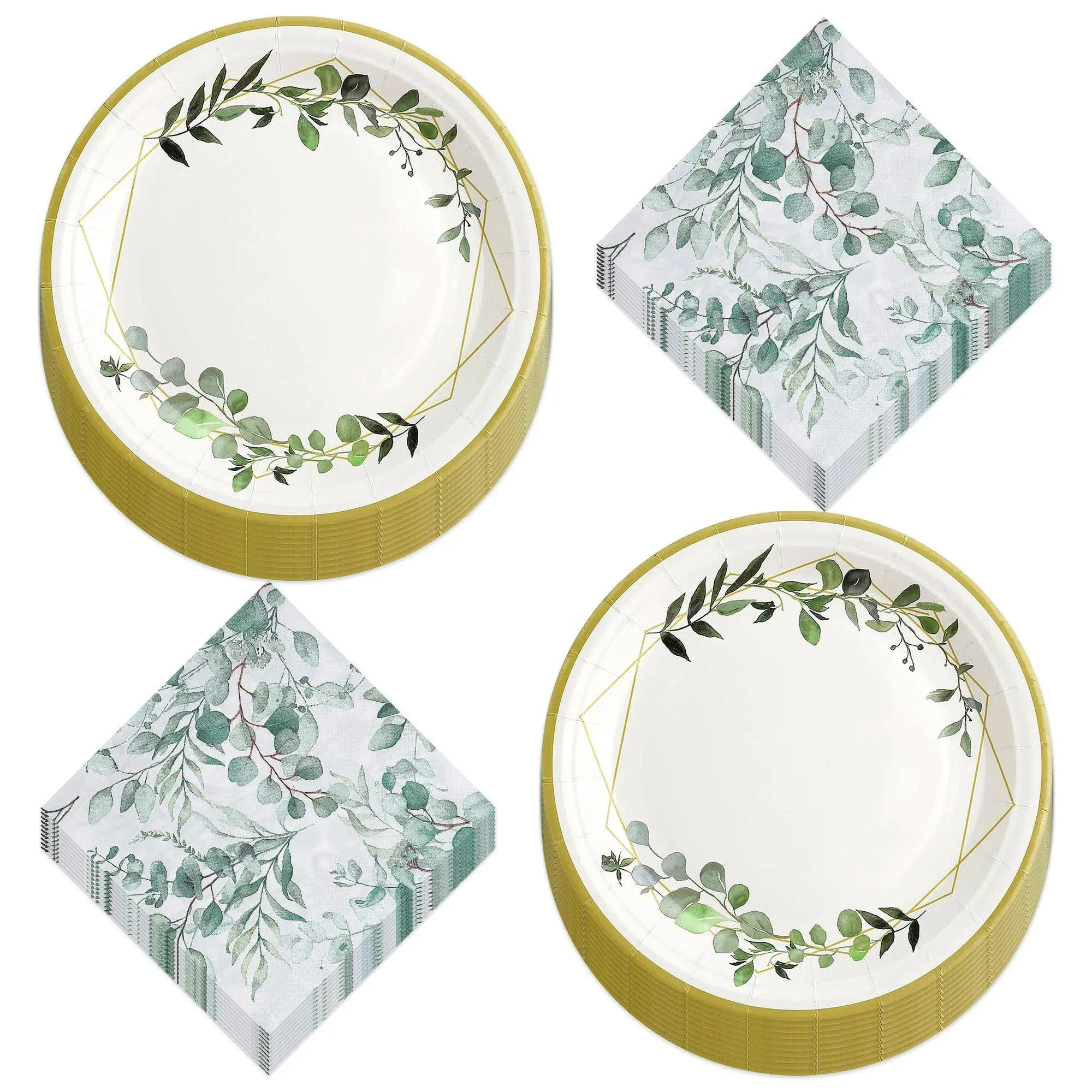 Geometric Eucalyptus Bridal Party Supplies - Gold, White and Greenery Paper Dinner Plates and Luncheon Napkins (Serves 20)