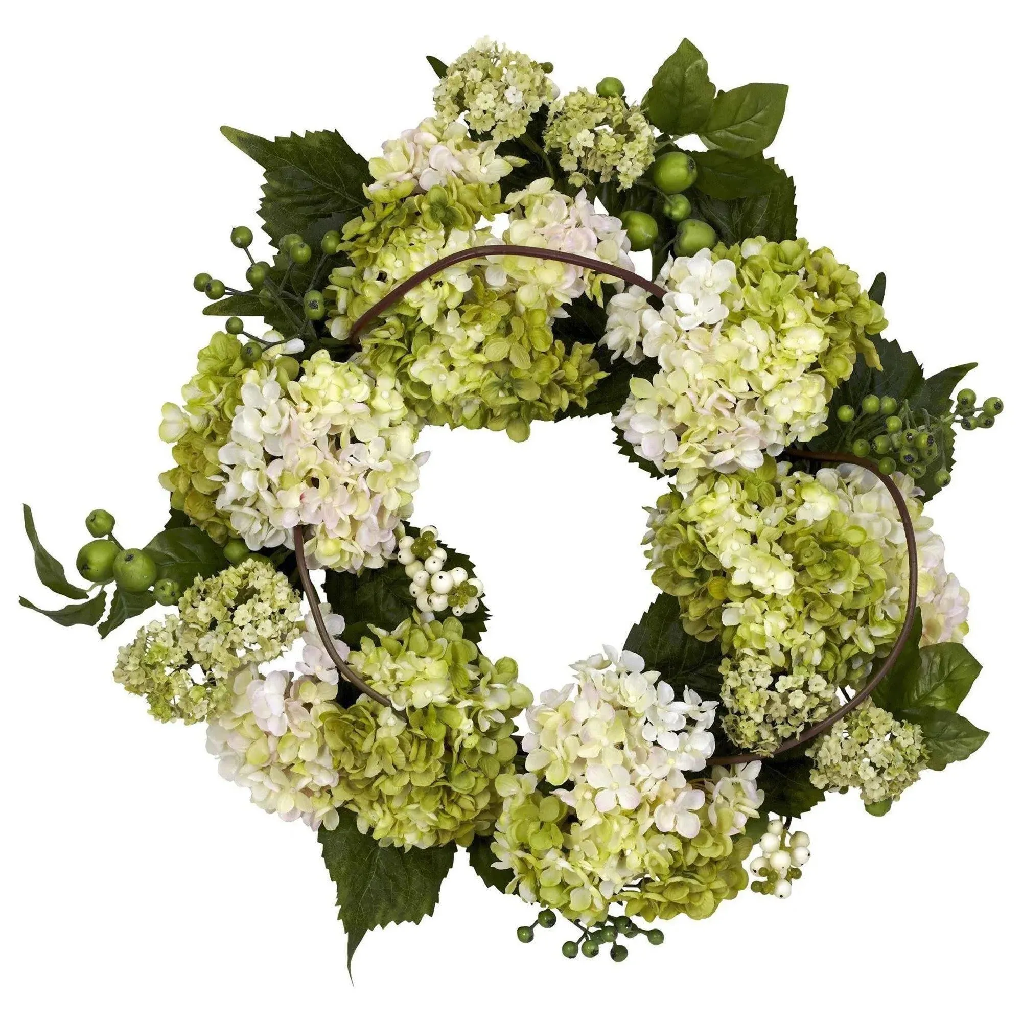 Artificial 22&#034; Green White &amp; Pink Hydrangea Silk Flowers Berries Floral Wreath