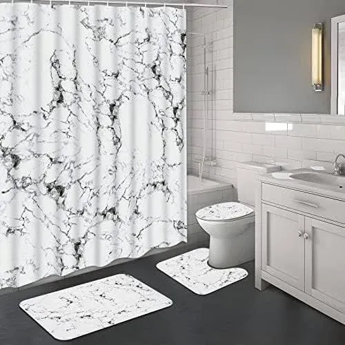 4 Pcs Black and White Shower Curtain Set with Non-Slip Rug, Toilet Lid Cover