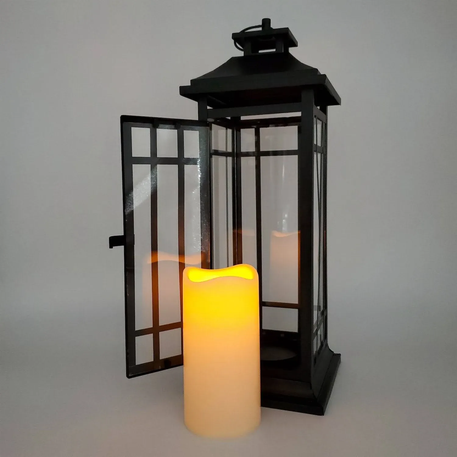 Battery-Operated 17" Black Window Metal Lantern with LED Candle