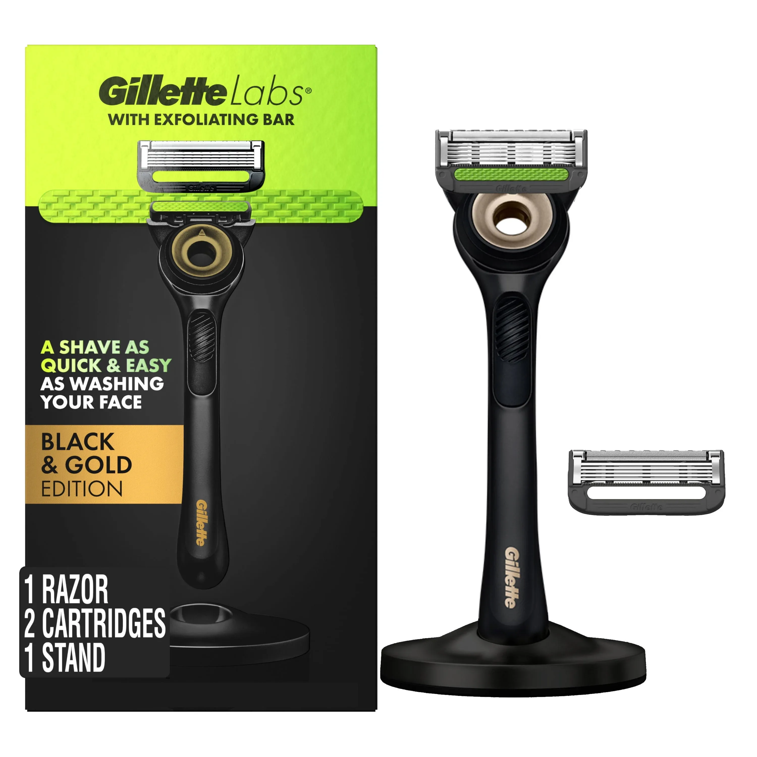 Gillette Labs Mens Razor with Exfoliating Bar, Shaving Kit for Men, Includes 1 Handle, 2 Razor Blade Refills, 1 Premium Magnetic Stand, Black and Gold, Razor for men