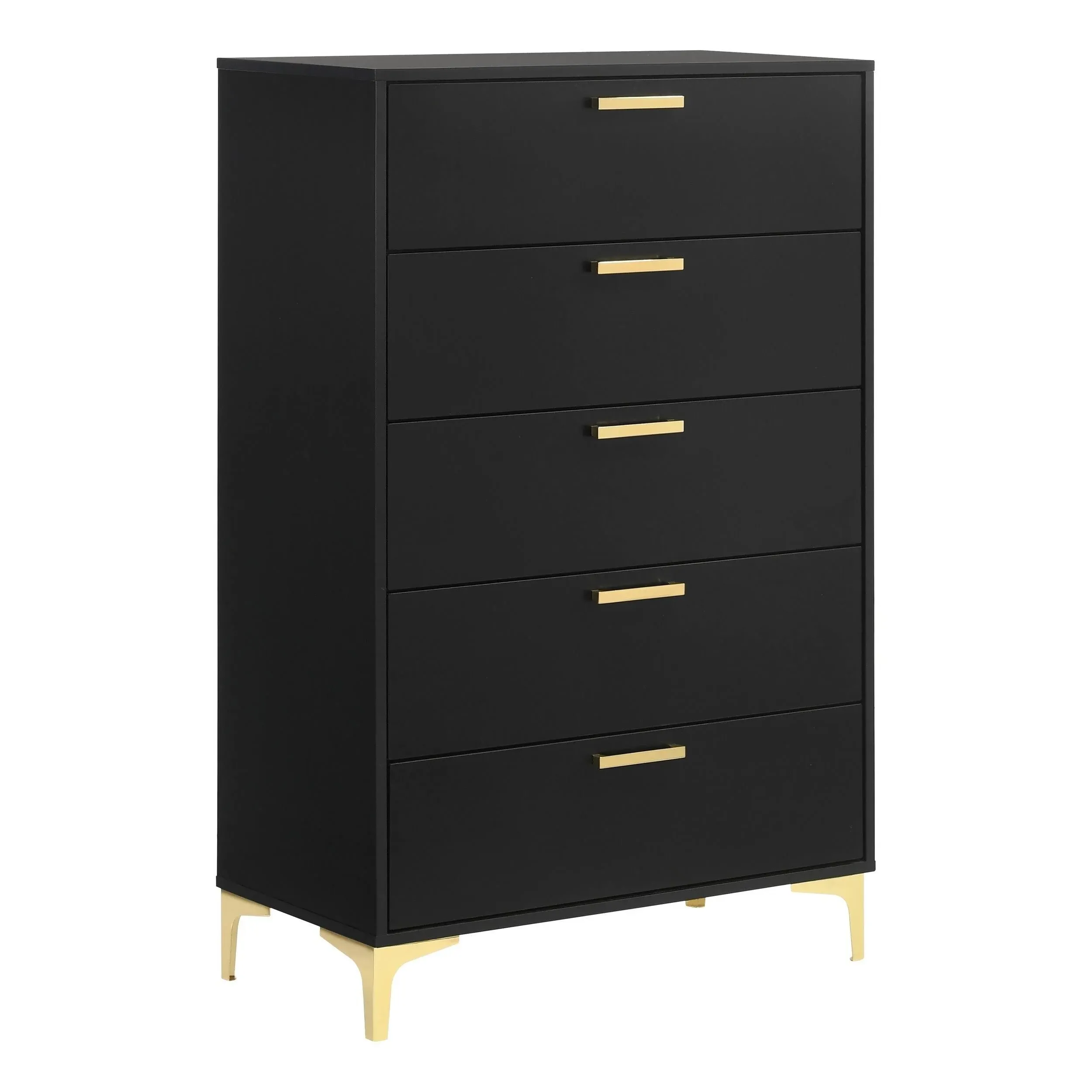 Benjara Lif 50 Inch Modern 5 Drawer Tall Dresser Chest, Gold Accents, Smooth Black