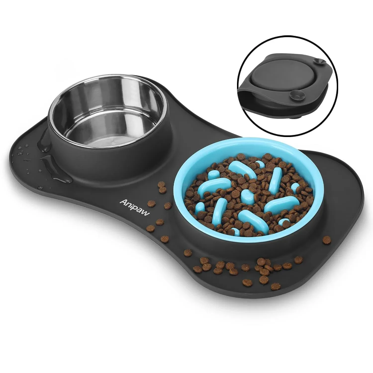 Slow Feeder Dog Bowls 3 in 1 Stainless Steel Food and Water Bowls with Non-Spill