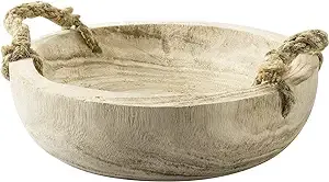 MyGift 9.6 inch Handmade Natural Paulownia Wood Fruit Bowl with Rope Handles, Decorative Round Serving Bowl Tabletop Home Décor