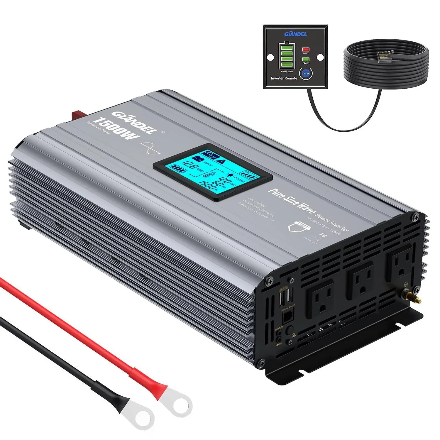 GIANDEL Pure Sine Wave Power Inverter 1500 Watt Upgraded with FCC Approval Converts DC 12V to AC 120V with LCD Display 3xAC Outlets & Remote Controlle