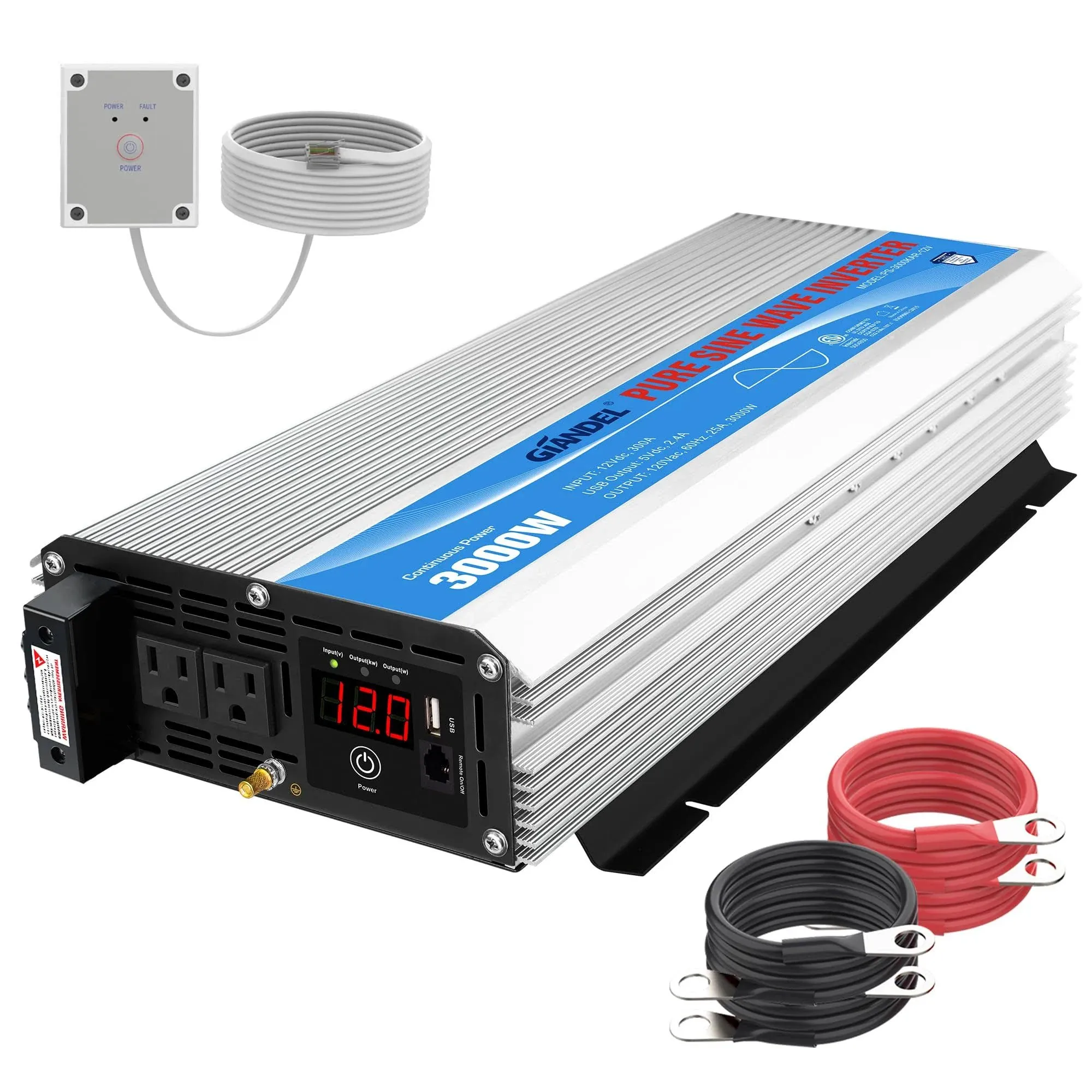 Pure Sine Wave Power Inverter 3000Watt DC 12V to AC120V with Dual AC Outlets ...