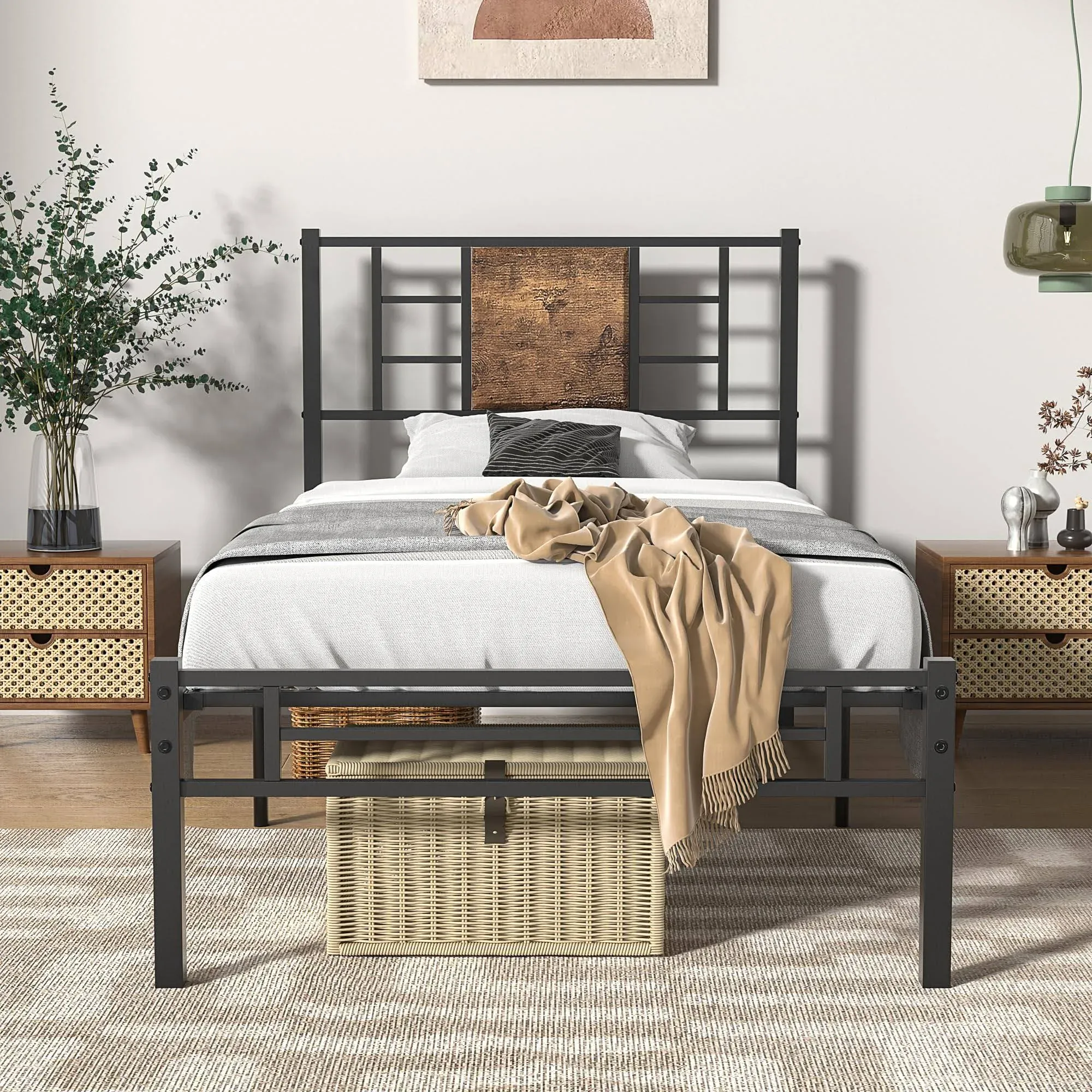 VECELO Twin Size Bed Frame with Headboard, Heavy-Duty Platform with Steel Slats ...