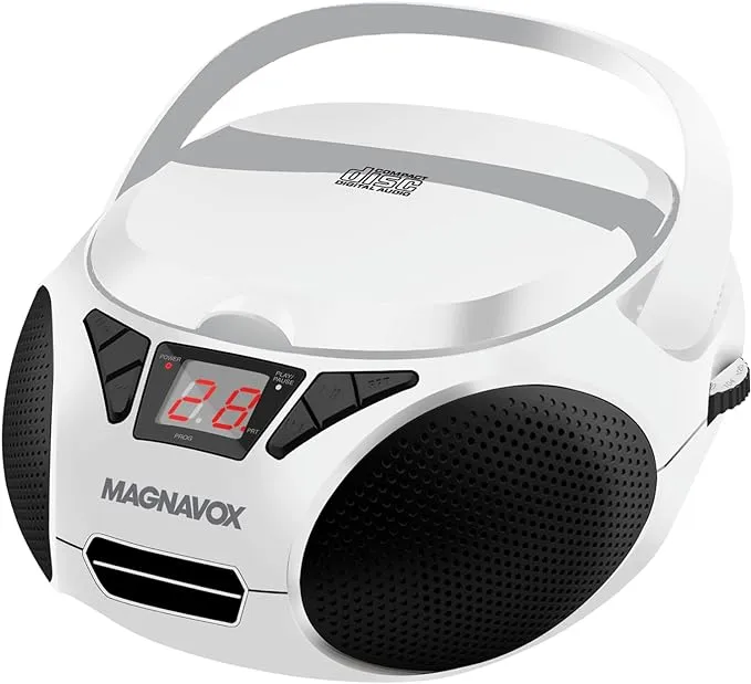 Magnavox MD6924-WH Portable Top Loading CD Boombox with AM/FM Stereo Radio in White and Black | CD-R/CD-RW Compatible | LED Display | AUX Port Supported | Programmable CD Player |