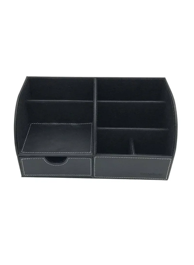 UnionBasic Office Desk Organizer - Multifunctional PU Leather Desktop Storage Box - Business Card/Pen/Pencil/Mobile Phone/Stationery Holder (Black)