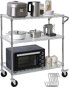 VEVOR Kitchen Utility Cart, 3 Tiers, Wire Rolling Cart with 661 LBS Capacity, Steel Service Cart on Wheels, Metal Storage Trolley with 80 mm Deep Basket Curved Handle PP Liner 6 Hooks, NSF Listed