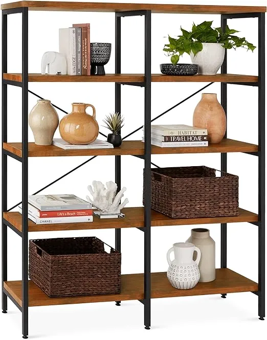 Best Choice Products Large Bookshelf 5-Tier Decorative Home 55in Double Wide Bookcase Furniture for Living Room Storage, Walkway, Entryway w/Industrial Shelves - Brown