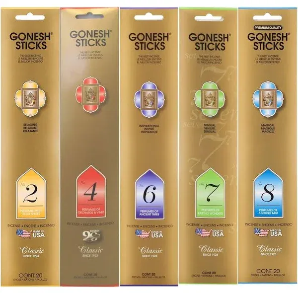 Gonesh - Classic Incense Sticks Variety Pack - Non-Toxic 10” Slow Burn Aromatic Sticks - No. 2, No. 4, No. 6., No. 7 No. 8-5 Packs of 20 Sticks