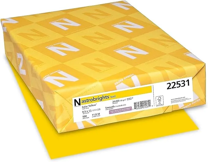 Neenah Wausau Paper 22531 Astrobrights Color Paper, 8.5” x 11”, 24 lb / 89 GSM, Solar Yellow, 500 SheetsNeenah Wausau Paper 22531 Astrobrights Color Paper, 8.5” x 11”, 24 lb / 89 GSM, Solar Yellow, 500 Sheets