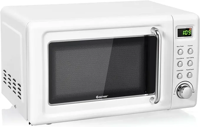 COSTWAY Retro Countertop Microwave Oven, 0.7Cu.ft, 700-Watt, High Energy Efficiency, 5 Micro Power, Delayed Start Function, with Glass Turntable & Viewing Window, LED Display, Child Lock (White)