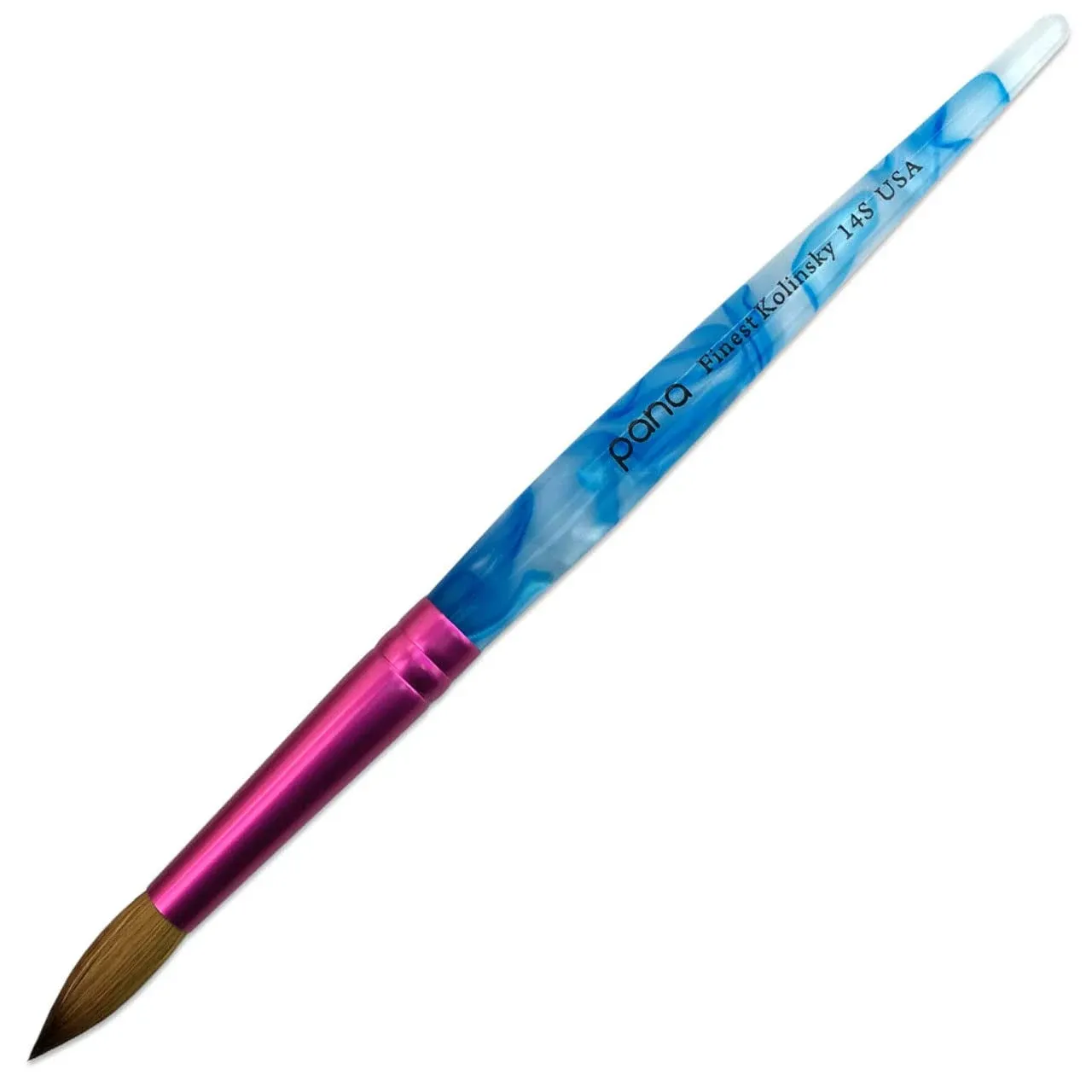 PANA USA Acrylic Nail Brush Pure Kolinsky Hair Acrylic White Swirl Blue Handle with Pink Ferrule Round Shaped - Size 16